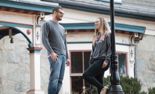 Two students talking outside the Forman Center